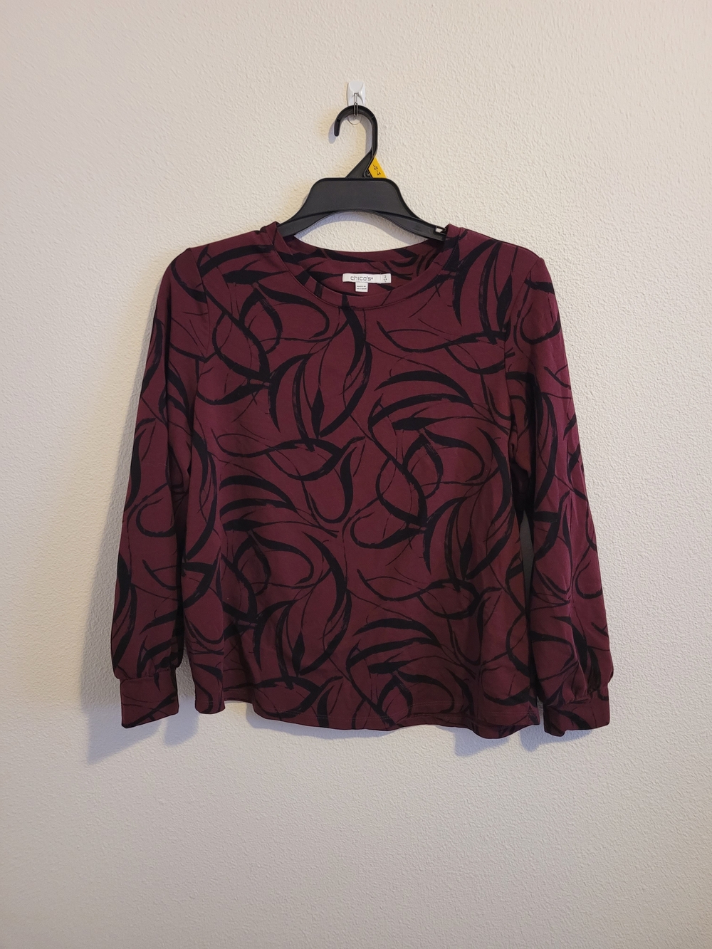 Chico's Burgundy Long-Sleeve Top with Black Abstract Swirl Print #268